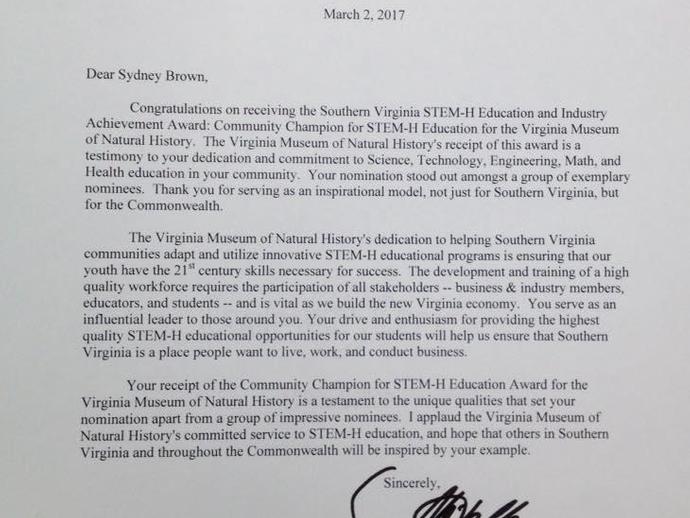 We are excited to accept a Southern Virginia STEM-H Education and Industry Achievement Award ...